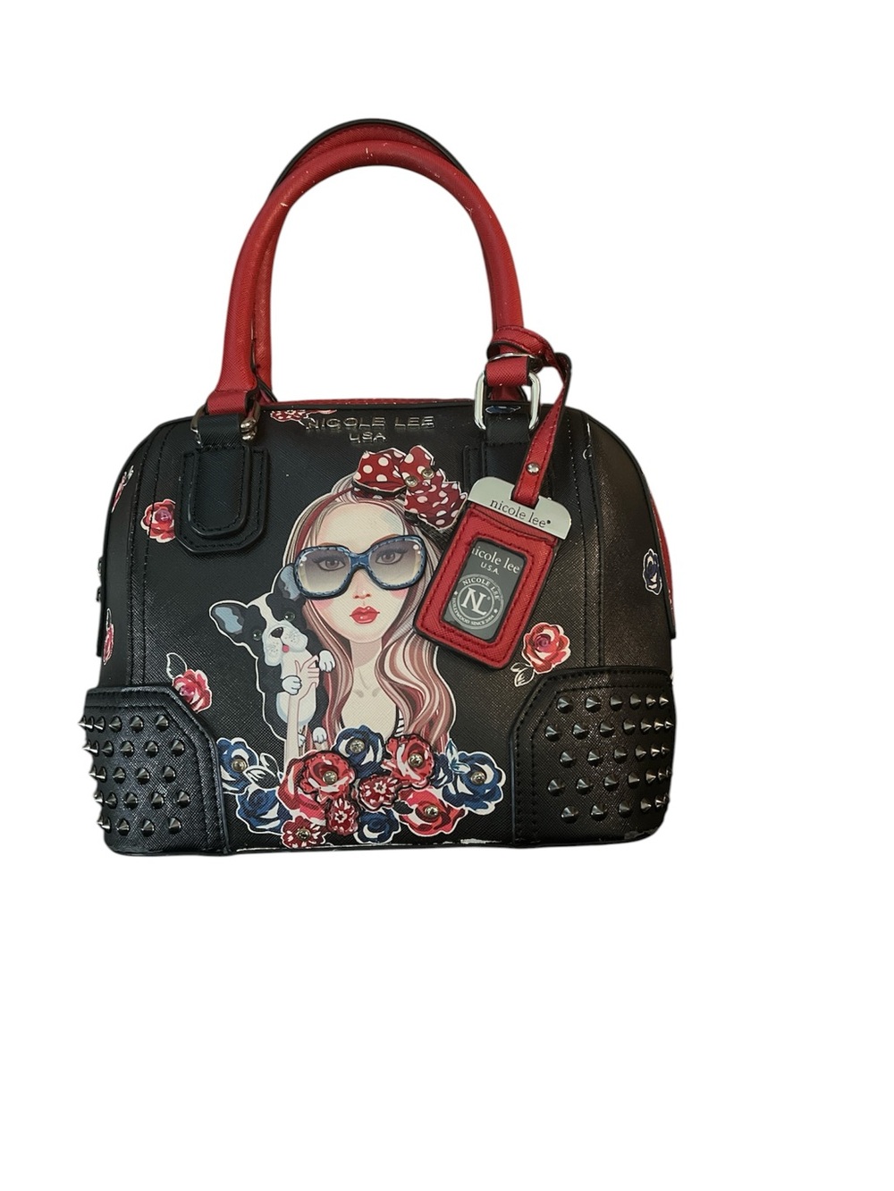 Nicole Lee Black & Red Studded Dome Satchel Handbag